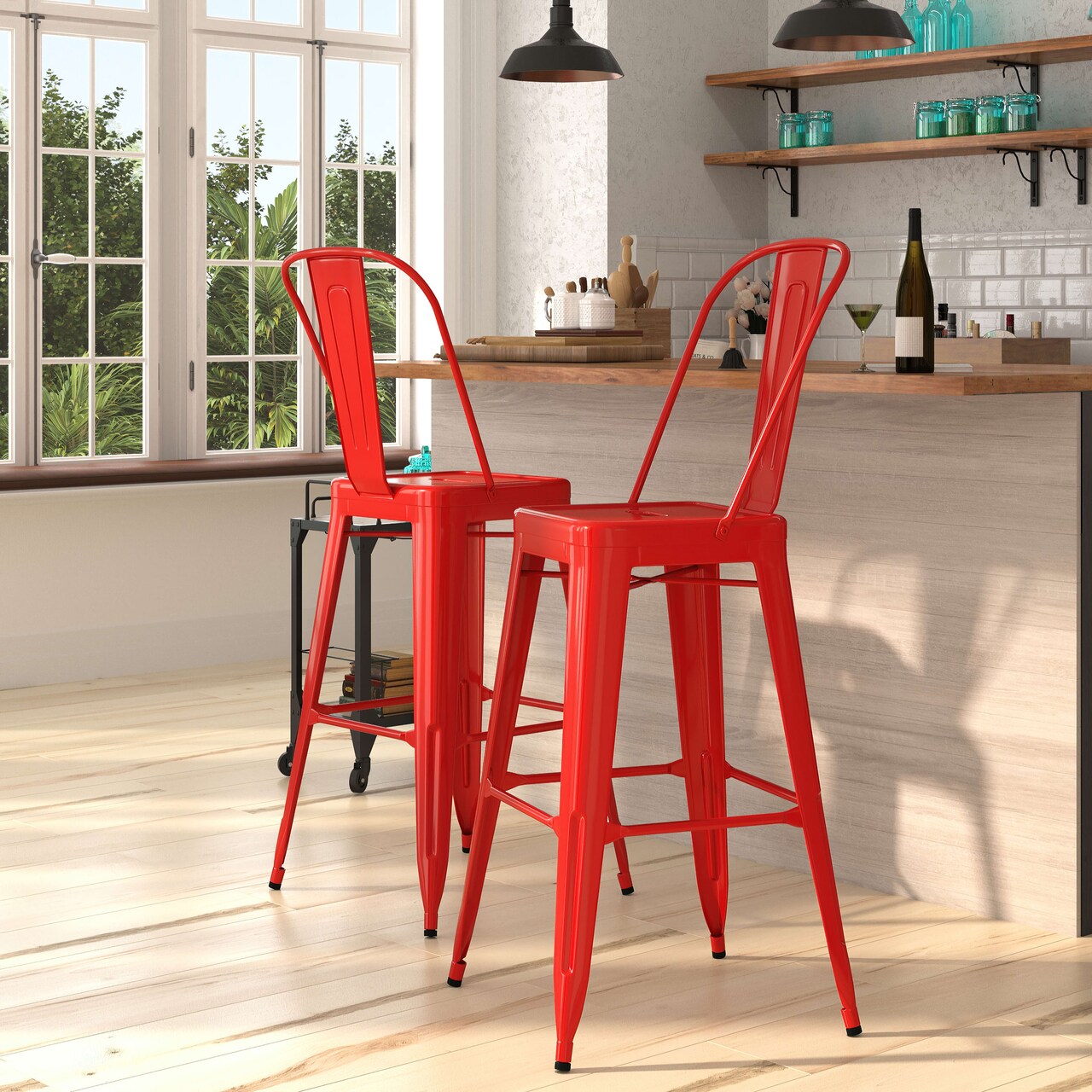 Merrick Lane Dothan Series Metal Stool with Removable Back for Indoor-Outdoor Use